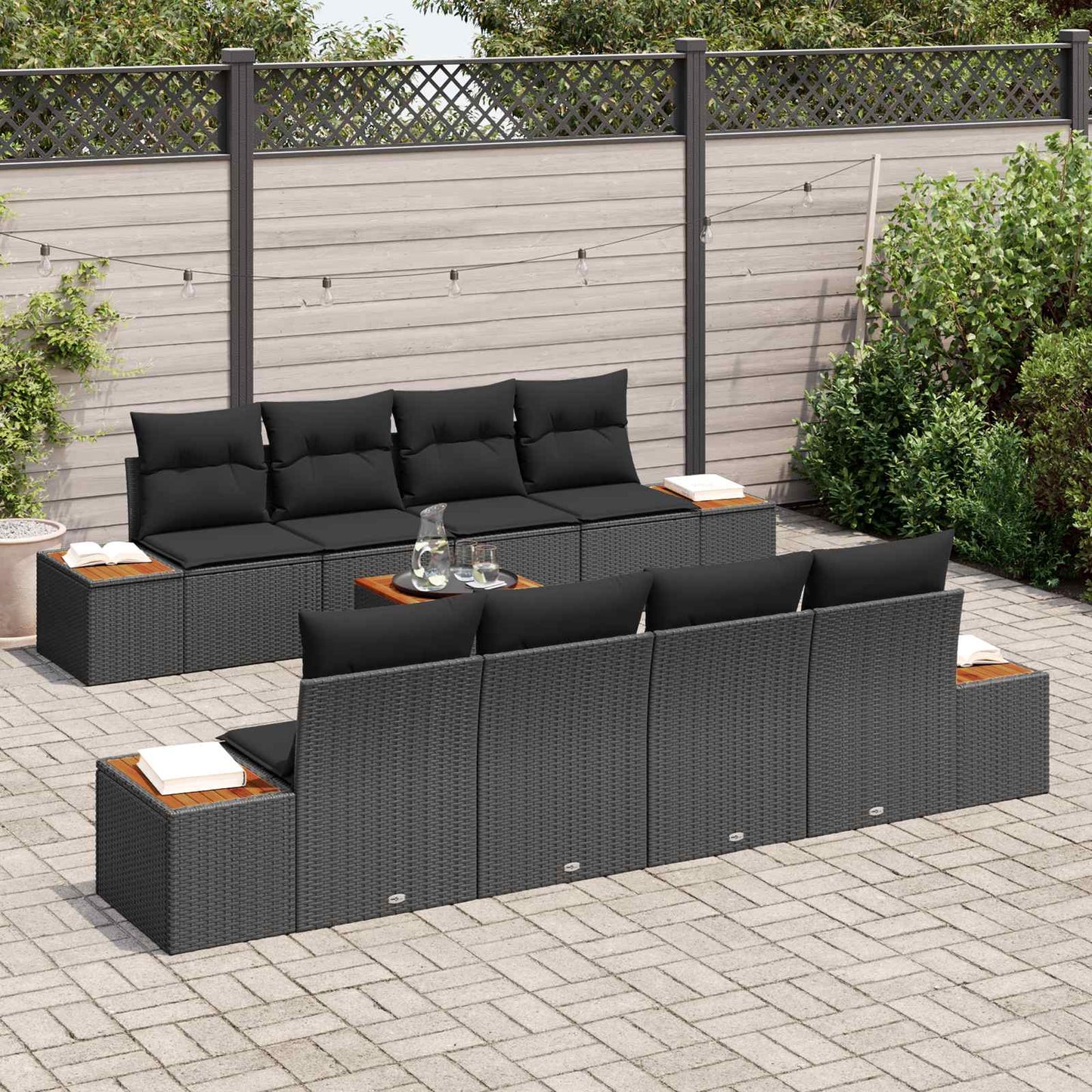 Kerti Kanapé Szett párnával tárolóval 9 pcs Fekete Poli rattan