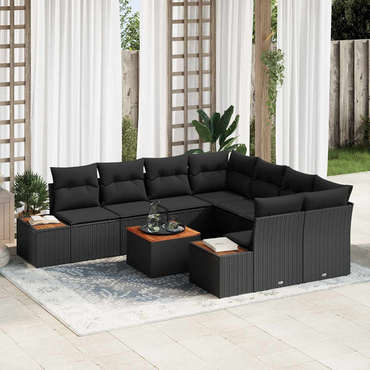 Kerti Kanapé Szett párnával tárolóval 9 pcs Fekete Poli rattan