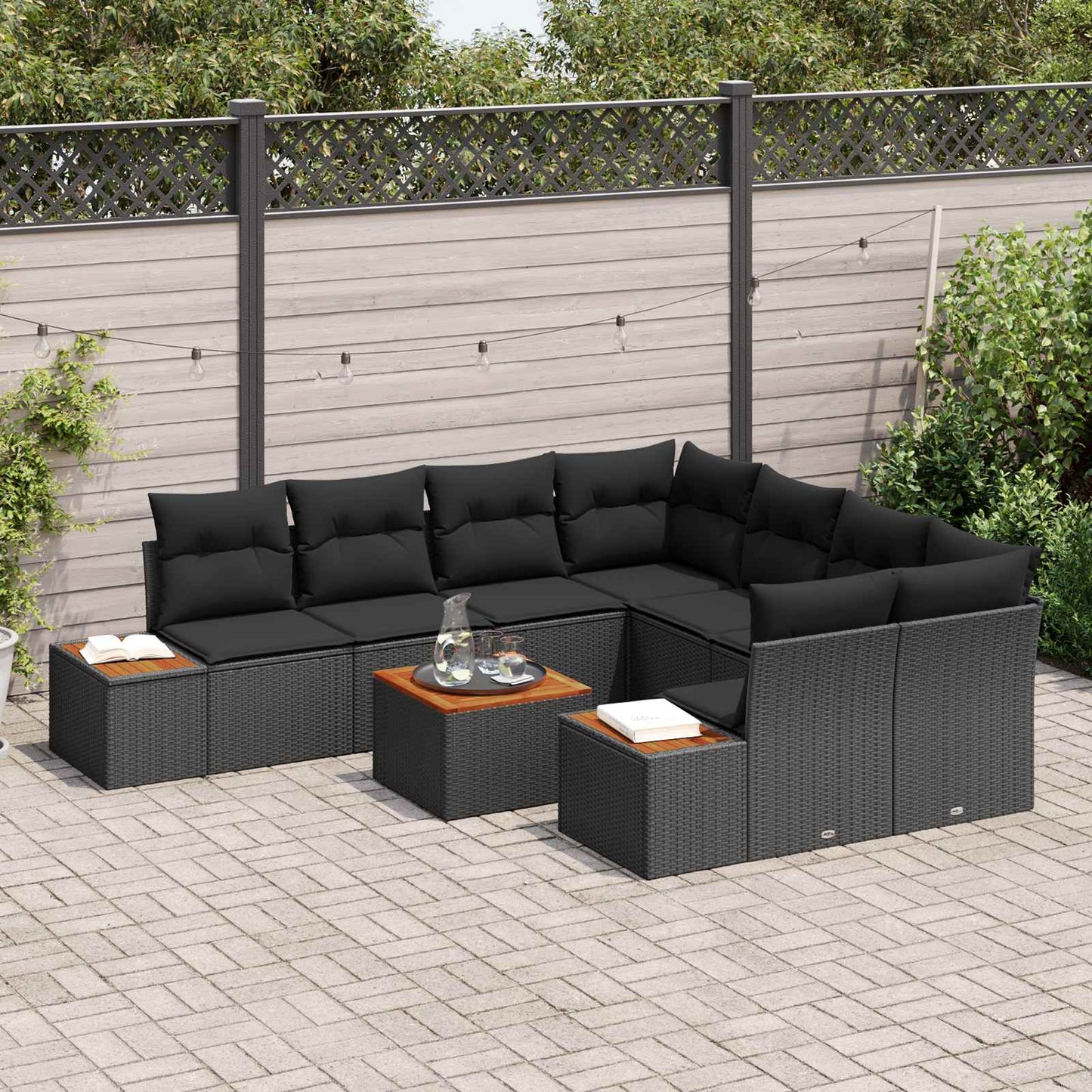 Kerti Kanapé Szett párnával tárolóval 9 pcs Fekete Poli rattan