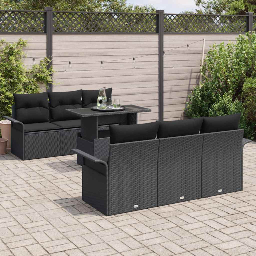 Kerti Kanapé Szett párnával tárolóval 7 pcs Fekete Poly Rattan