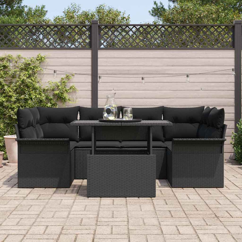 Kerti Kanapé Szett párnával tárolóval 7 pcs Fekete Poly Rattan