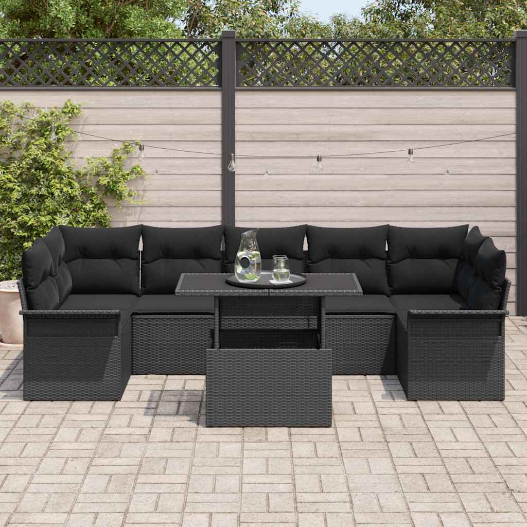 Kerti Kanapé Szett párnával tárolóval 8 pcs Fekete Poli rattan