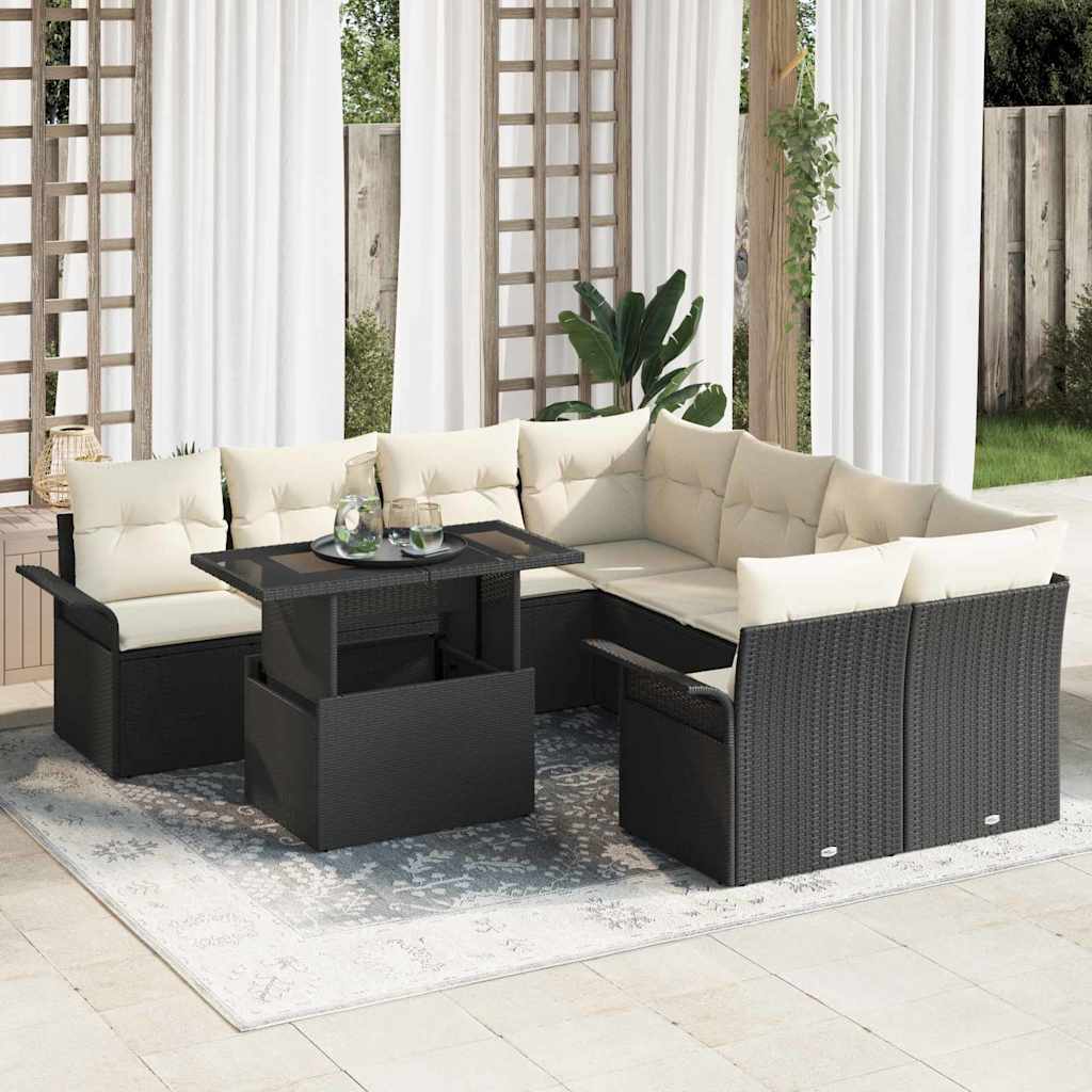 Kerti Kanapé Szett párnával tárolóval 9 pcs Fekete Poly Rattan