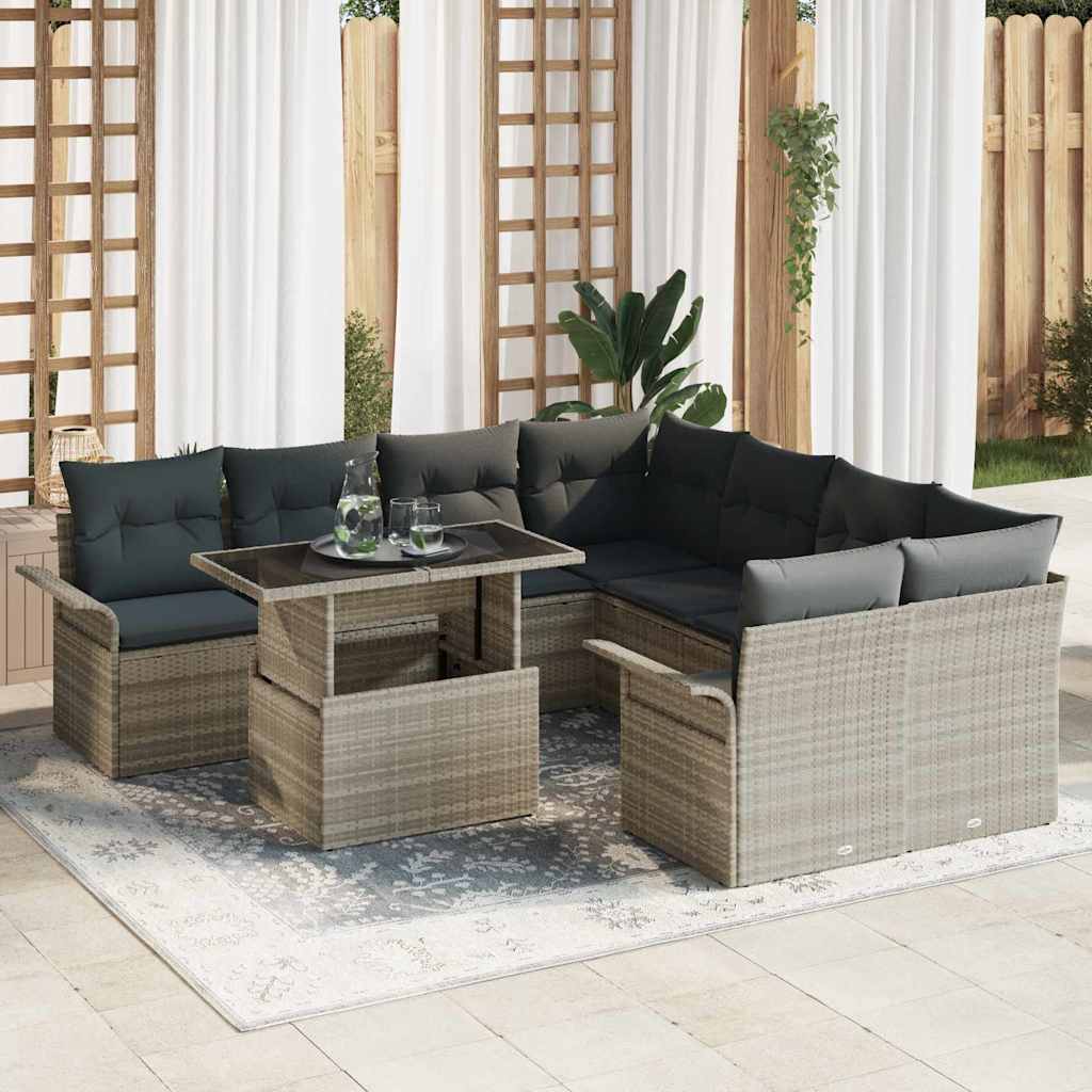 Kerti Kanapé Szett párnával 9 pcs Világosszürke Poly Rattan