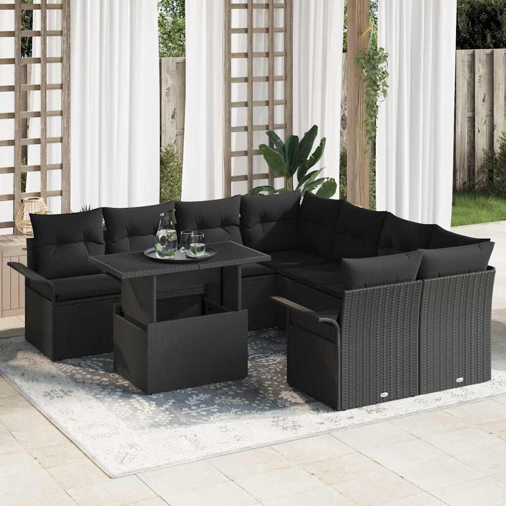 Kerti Kanapé Szett párnával tárolóval 9 pcs Fekete Poly Rattan