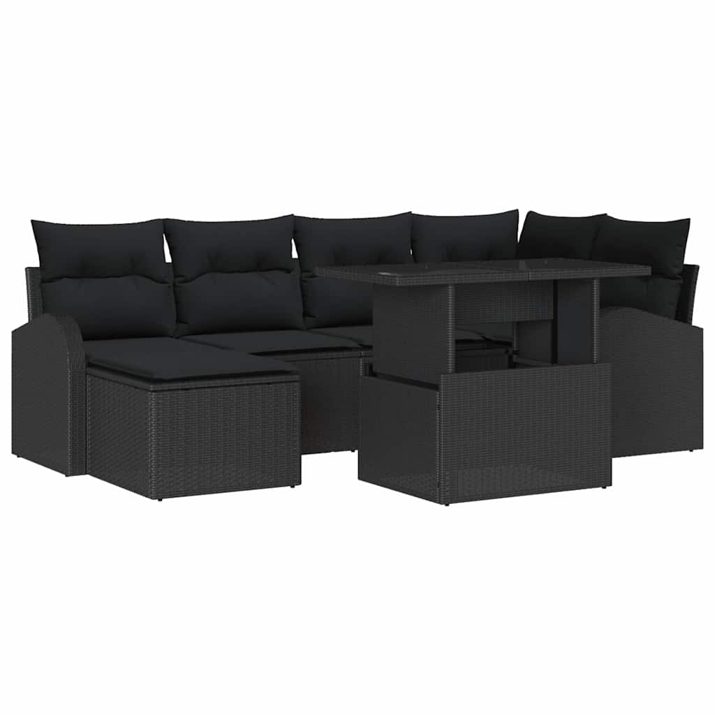 Kerti Kanapé Szett tárolóval 7 pcs Fekete Poli rattan