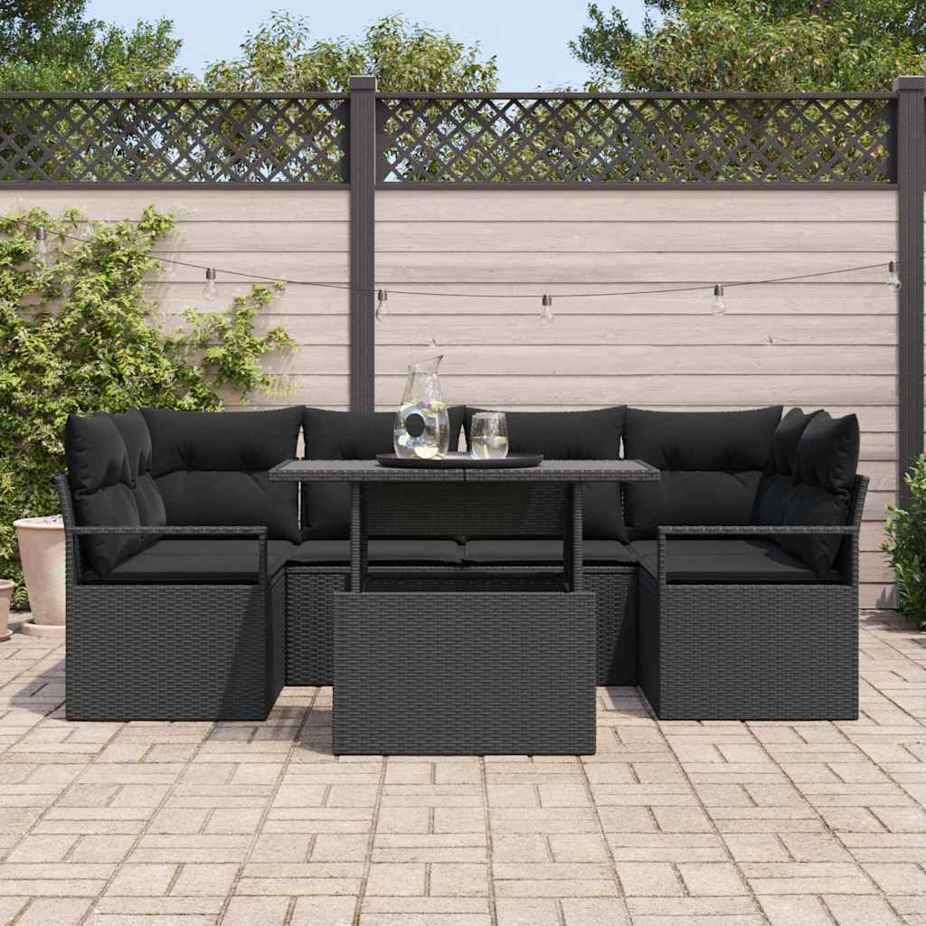 Kerti Kanapé Szett tárolóval 7 pcs Fekete Poli rattan