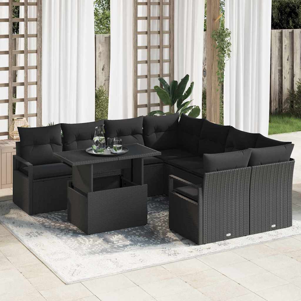 Kerti Kanapé Szett párnával tárolóval 9 pcs Fekete Poli rattan