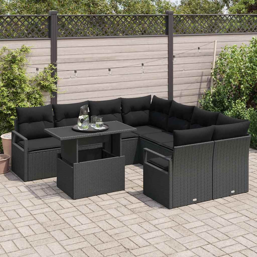 Kerti Kanapé Szett párnával tárolóval 9 pcs Fekete Poli rattan
