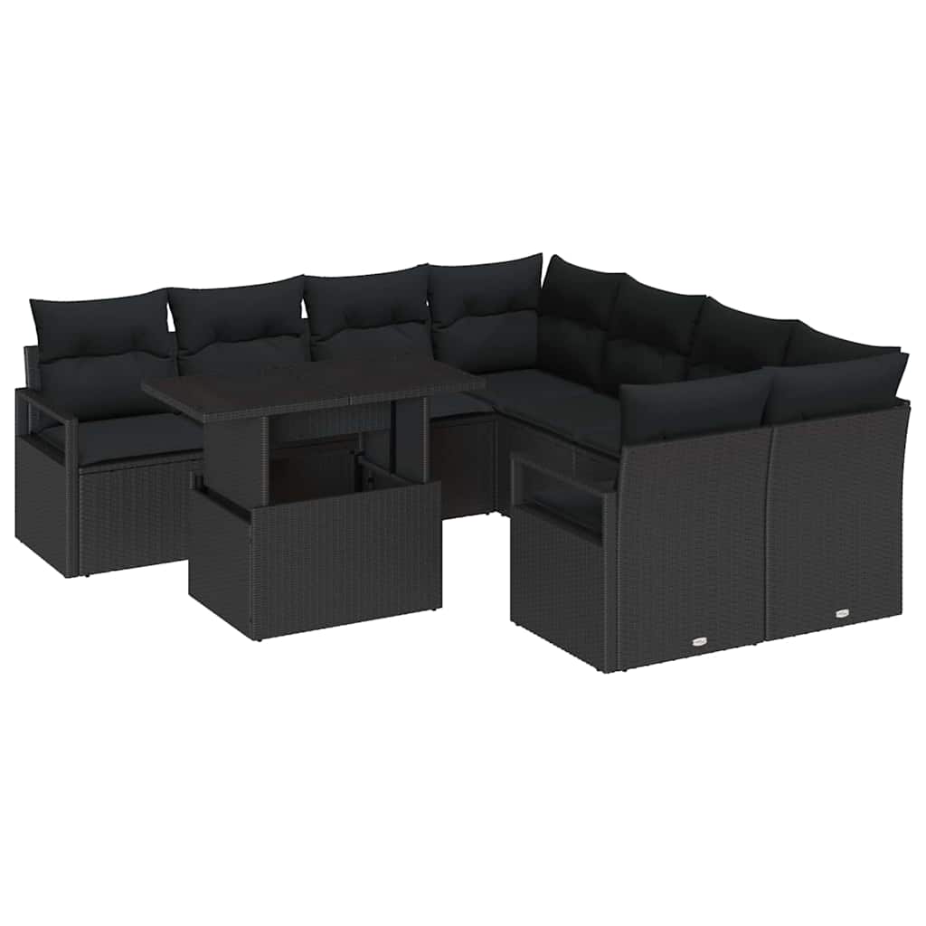 Kerti Kanapé Szett párnával tárolóval 9 pcs Fekete Poli rattan
