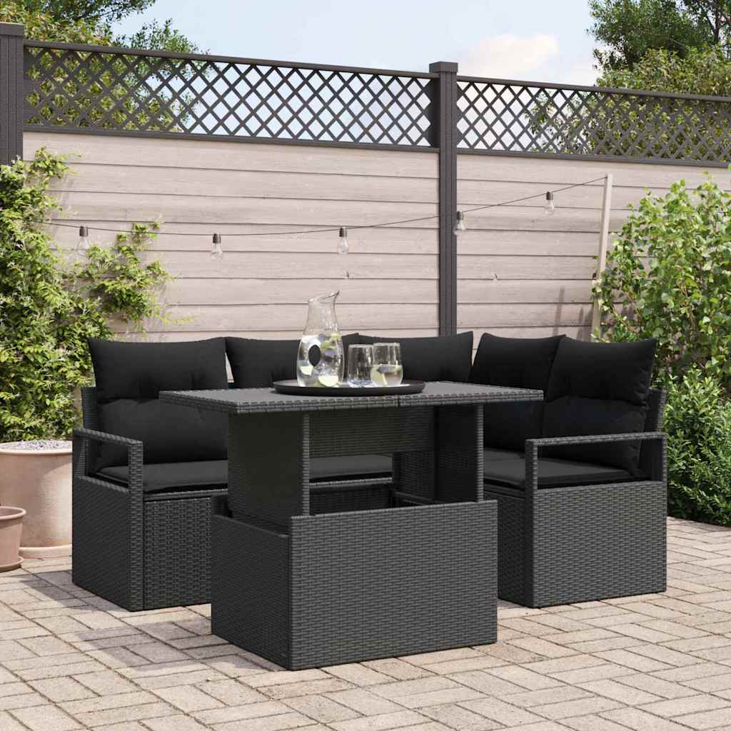 Kerti Kanapé Szett párnával tárolóval 5 pcs Fekete Poli rattan