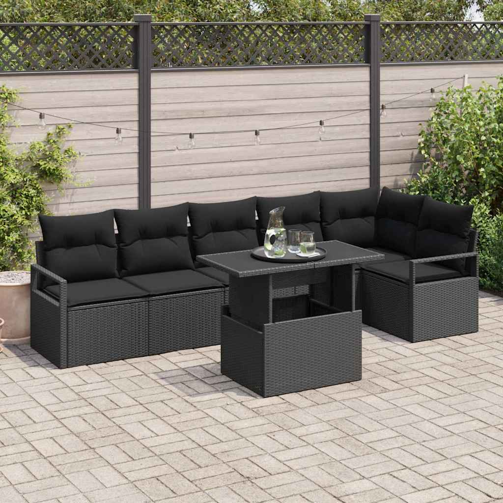 Kerti Kanapé Szett párnával tárolóval 7 pcs Fekete Poli rattan