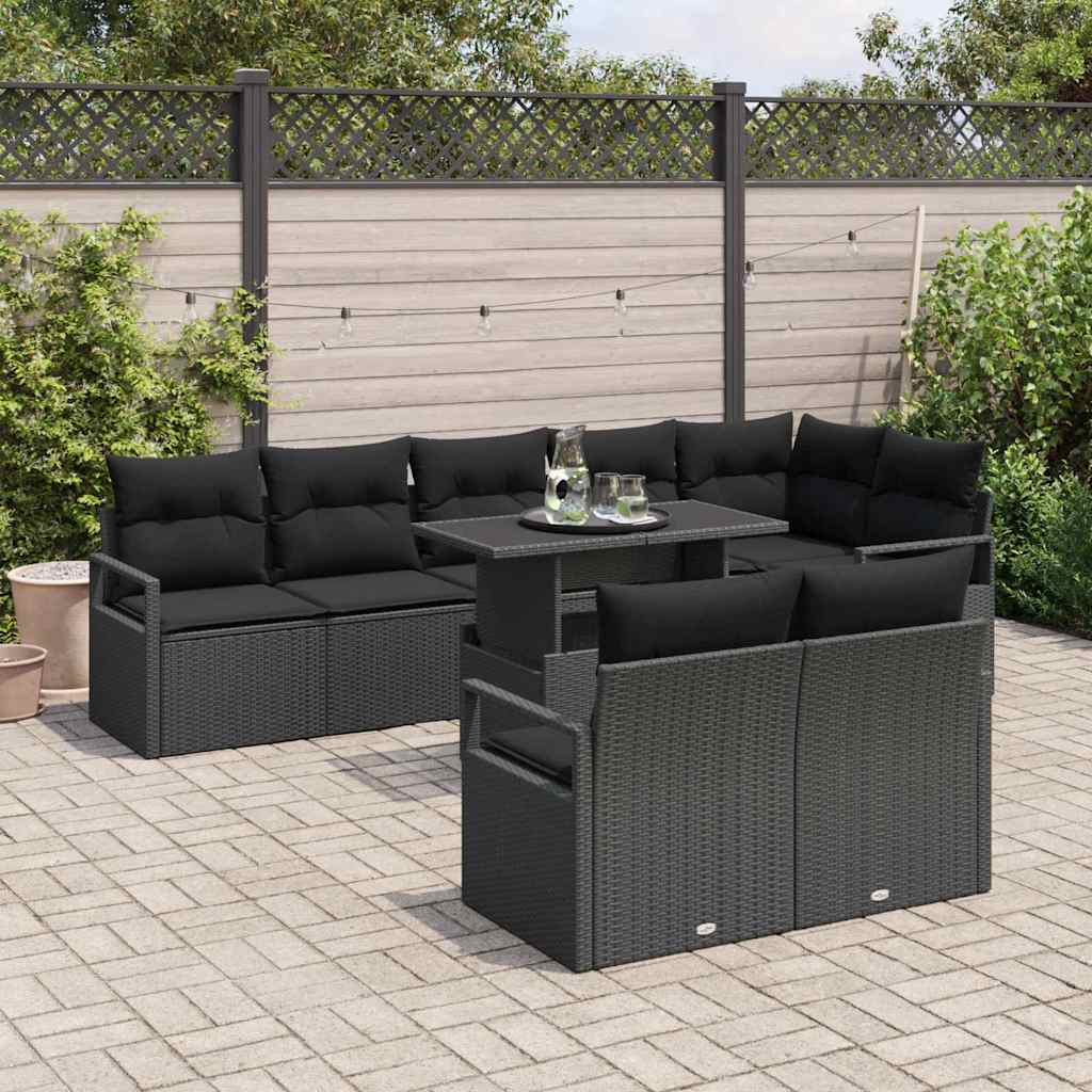 Kerti Kanapé Szett tárolóval 9 pcs Fekete Poli rattan