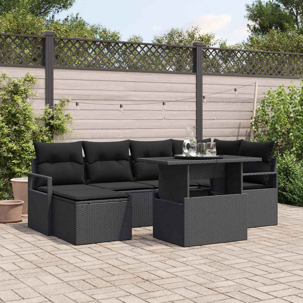 Kerti Kanapé Szett tárolóval 7 pcs Fekete Poli rattan