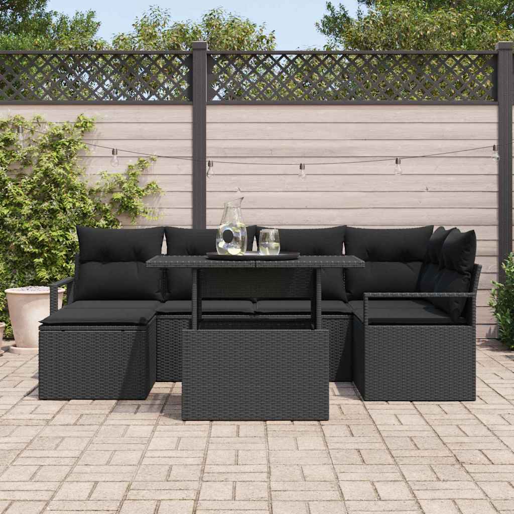 Kerti Kanapé Szett tárolóval 7 pcs Fekete Poli rattan