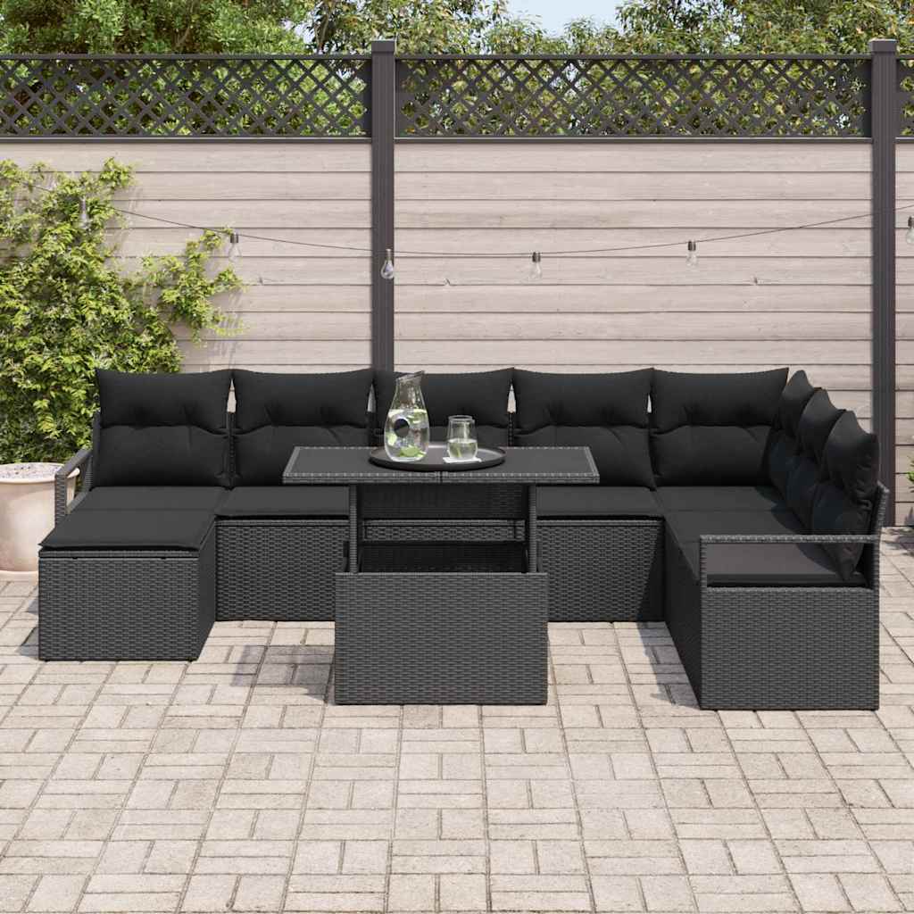 Kerti Kanapé Szett tárolóval 9 pcs Fekete Poli rattan