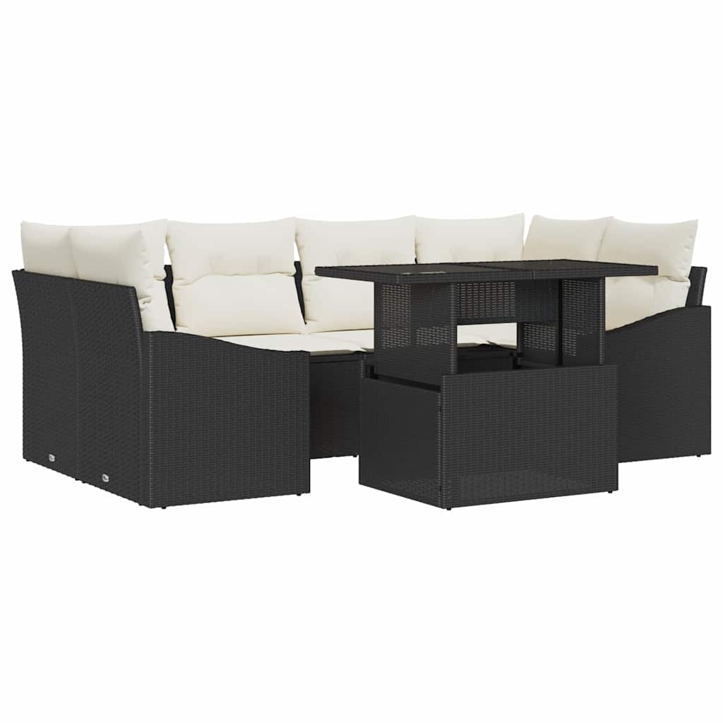 Kerti Kanapé Szett tárolóval 7 pcs Fekete Poli rattan