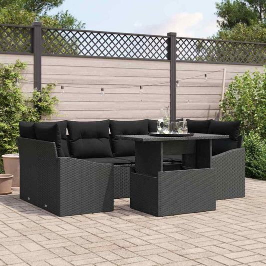 Kerti Kanapé Szett tárolóval 7 pcs Fekete Poli rattan