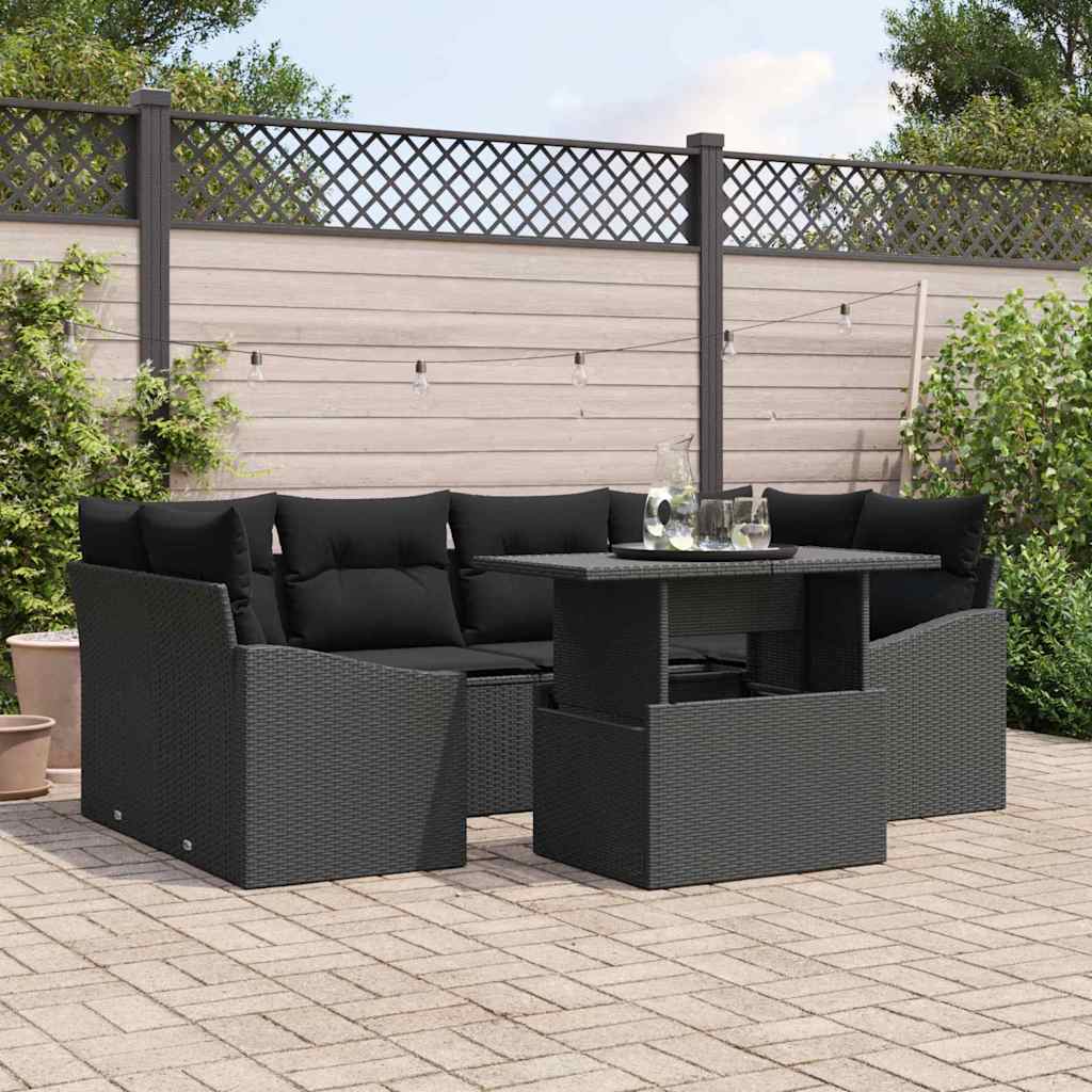 Kerti Kanapé Szett tárolóval 7 pcs Fekete Poli rattan