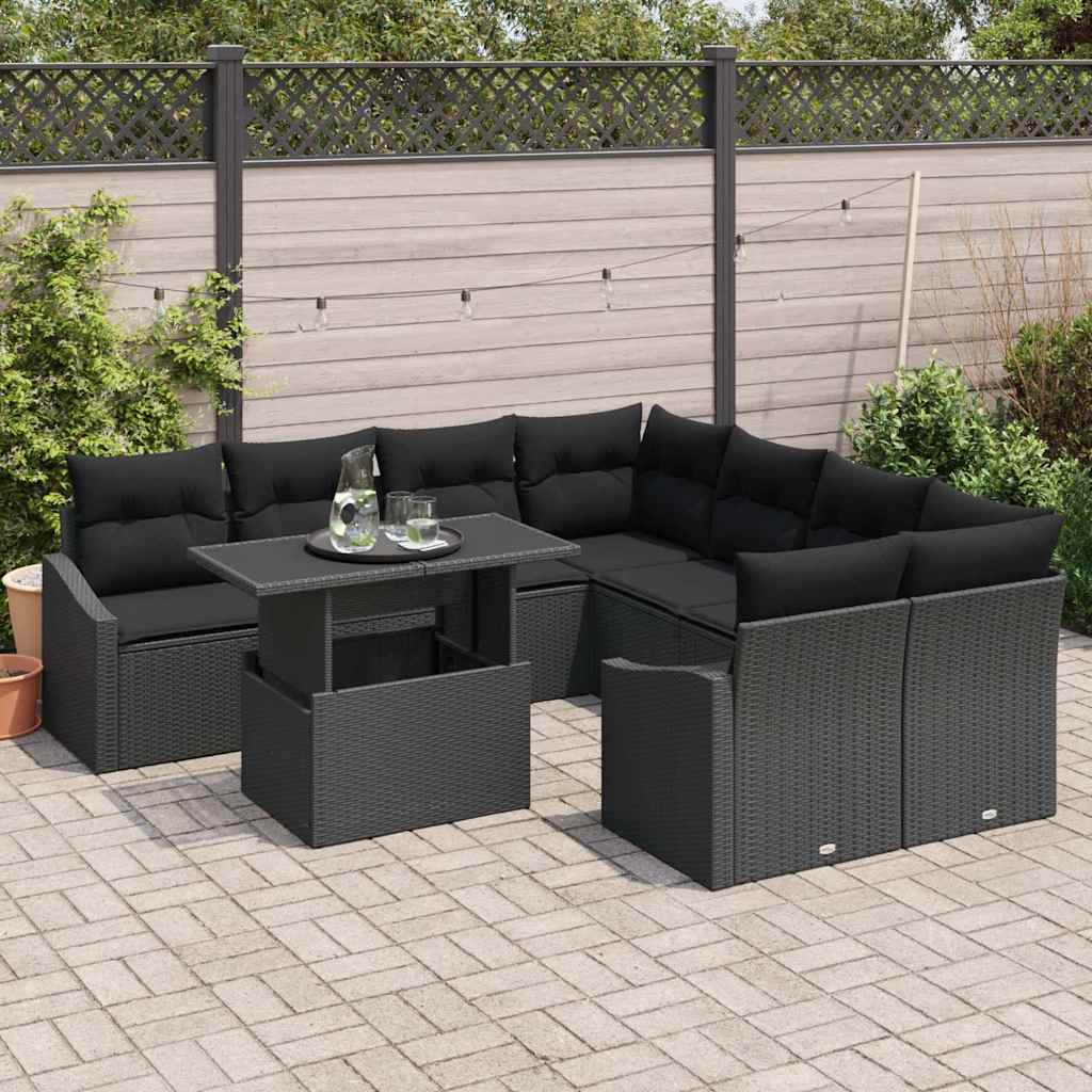 Kerti Kanapé Szett tárolóval 9 pcs Fekete Poli rattan