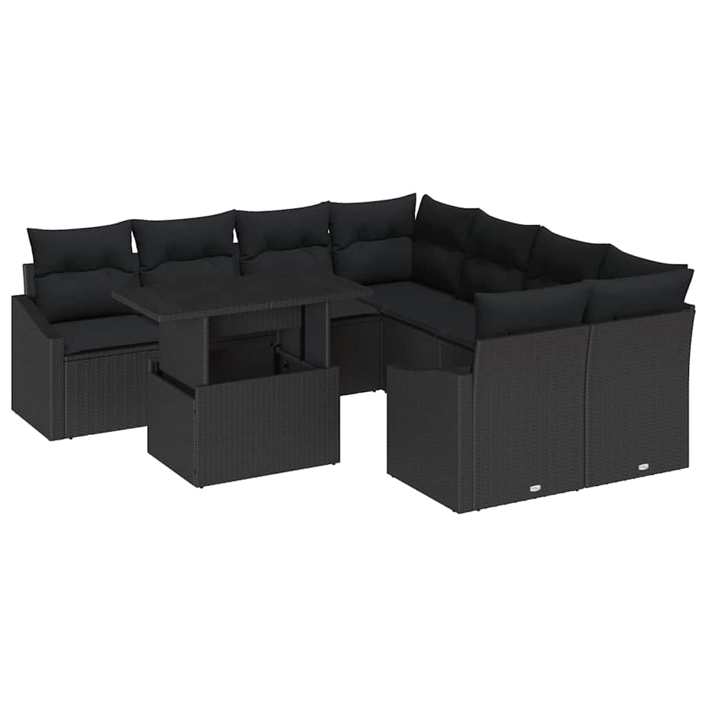 Kerti Kanapé Szett tárolóval 9 pcs Fekete Poli rattan