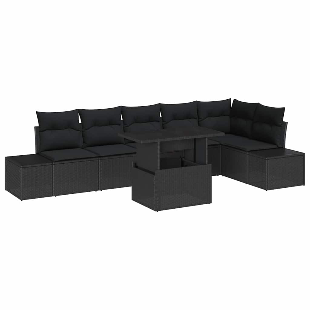 Kerti Kanapé Szett tárolóval 7 pcs Fekete Poli rattan