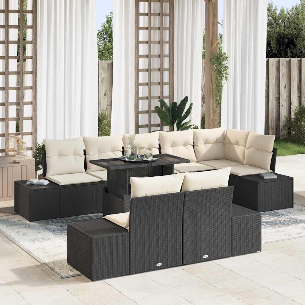 Kerti Kanapé Szett tárolóval 9 pcs Fekete Poli rattan