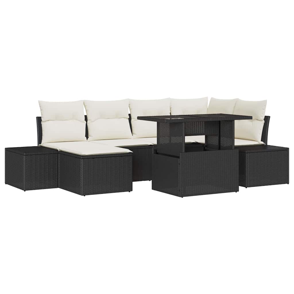 Kerti Kanapé Szett tárolóval 7 pcs Fekete Poli rattan