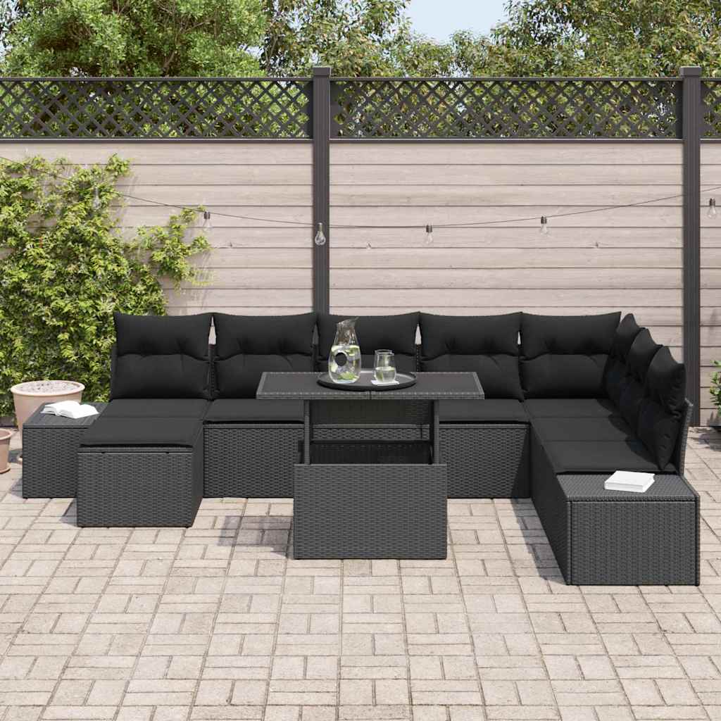 Kerti Kanapé Szett tárolóval 9 pcs Fekete Poli rattan