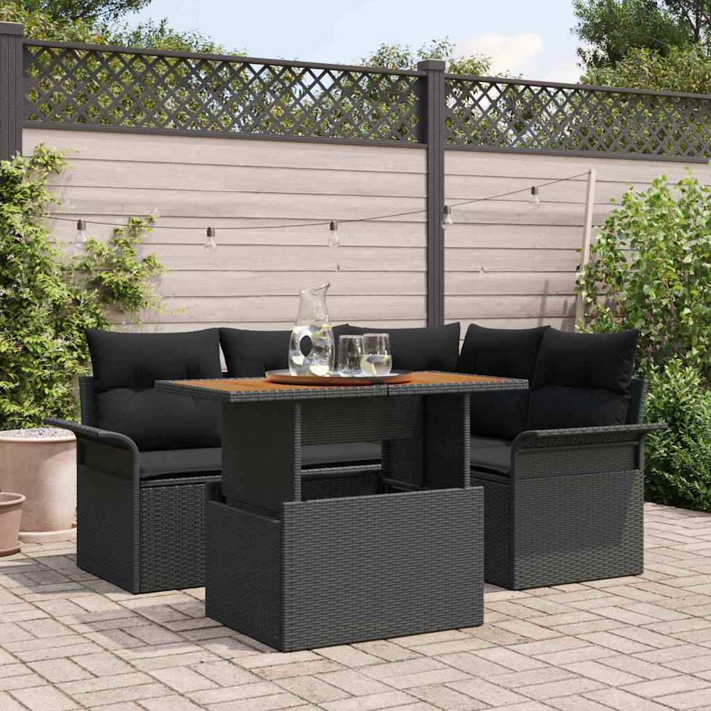 Kerti Kanapé Szett tárolóval 5 pcs Fekete Poli rattan