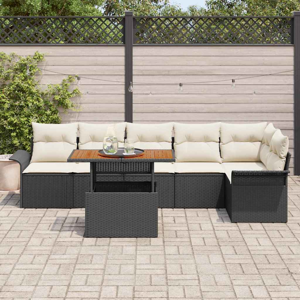 Kerti Kanapé Szett tárolóval 7 pcs Fekete Poli rattan