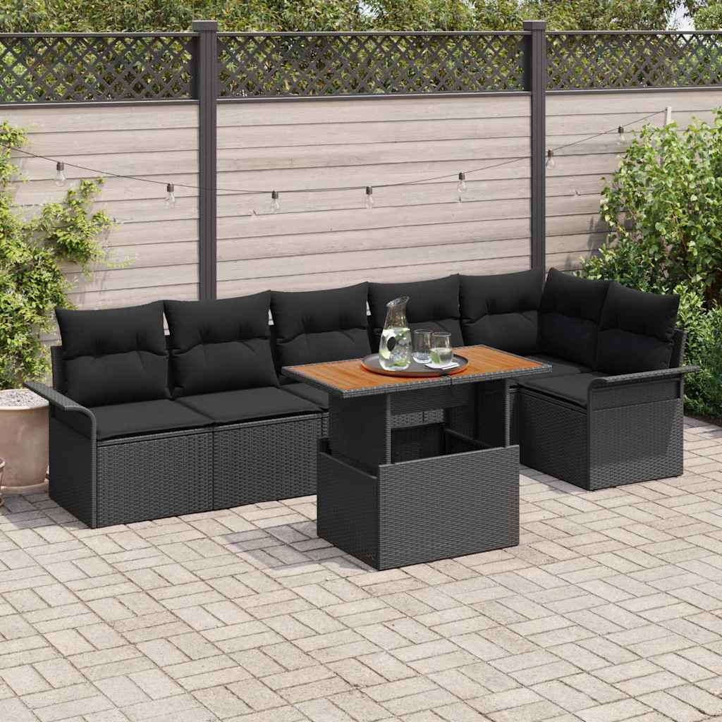 Kerti Kanapé Szett tárolóval 7 pcs Fekete Poli rattan