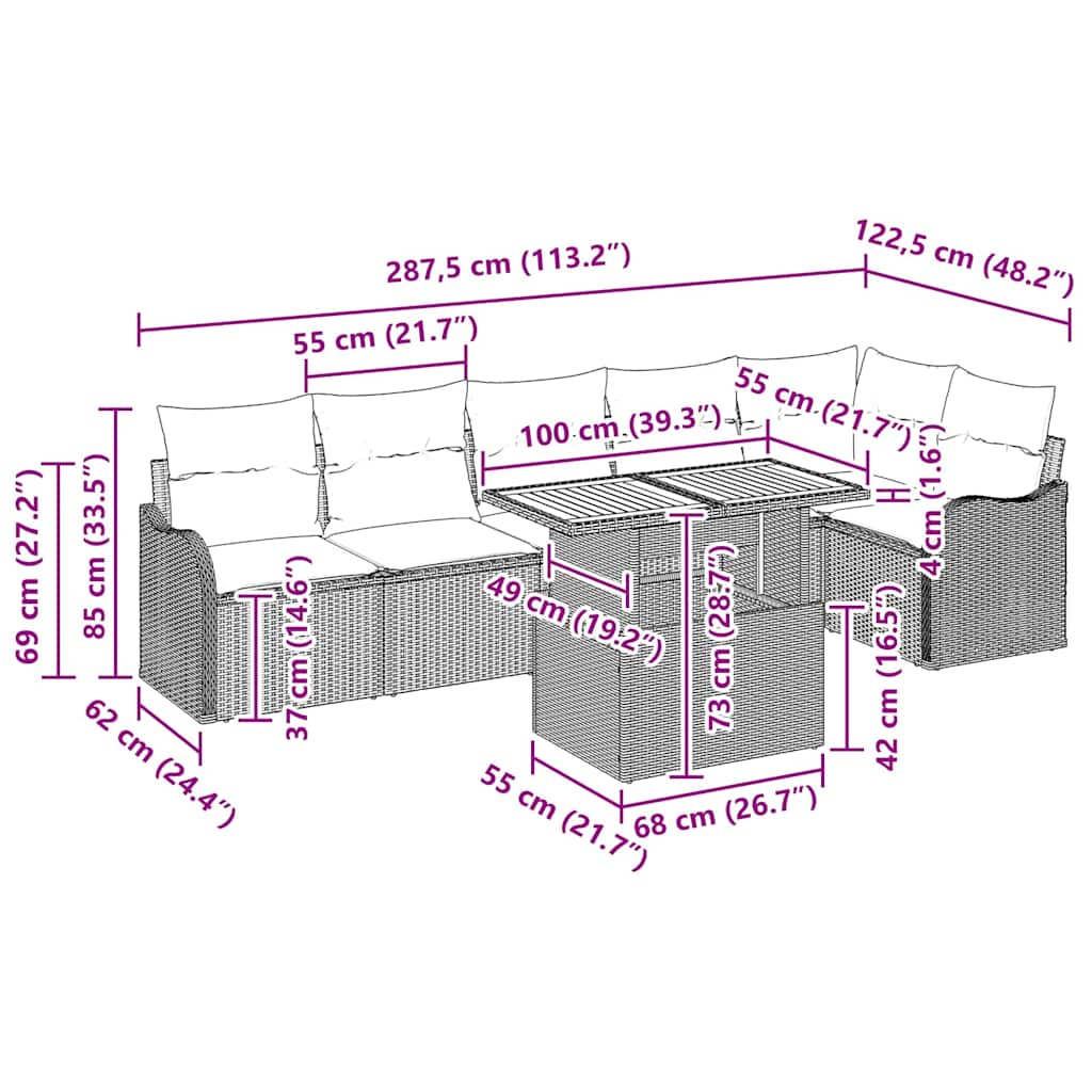 Kerti Kanapé Szett tárolóval 7 pcs Szürke Poli rattan