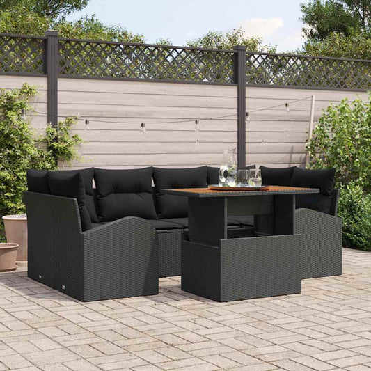 Kerti Kanapé Szett tárolóval 7 pcs Fekete Poli rattan