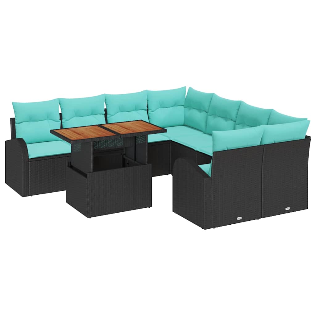 Kerti Kanapé Szett tárolóval 9 pcs Fekete Poli rattan
