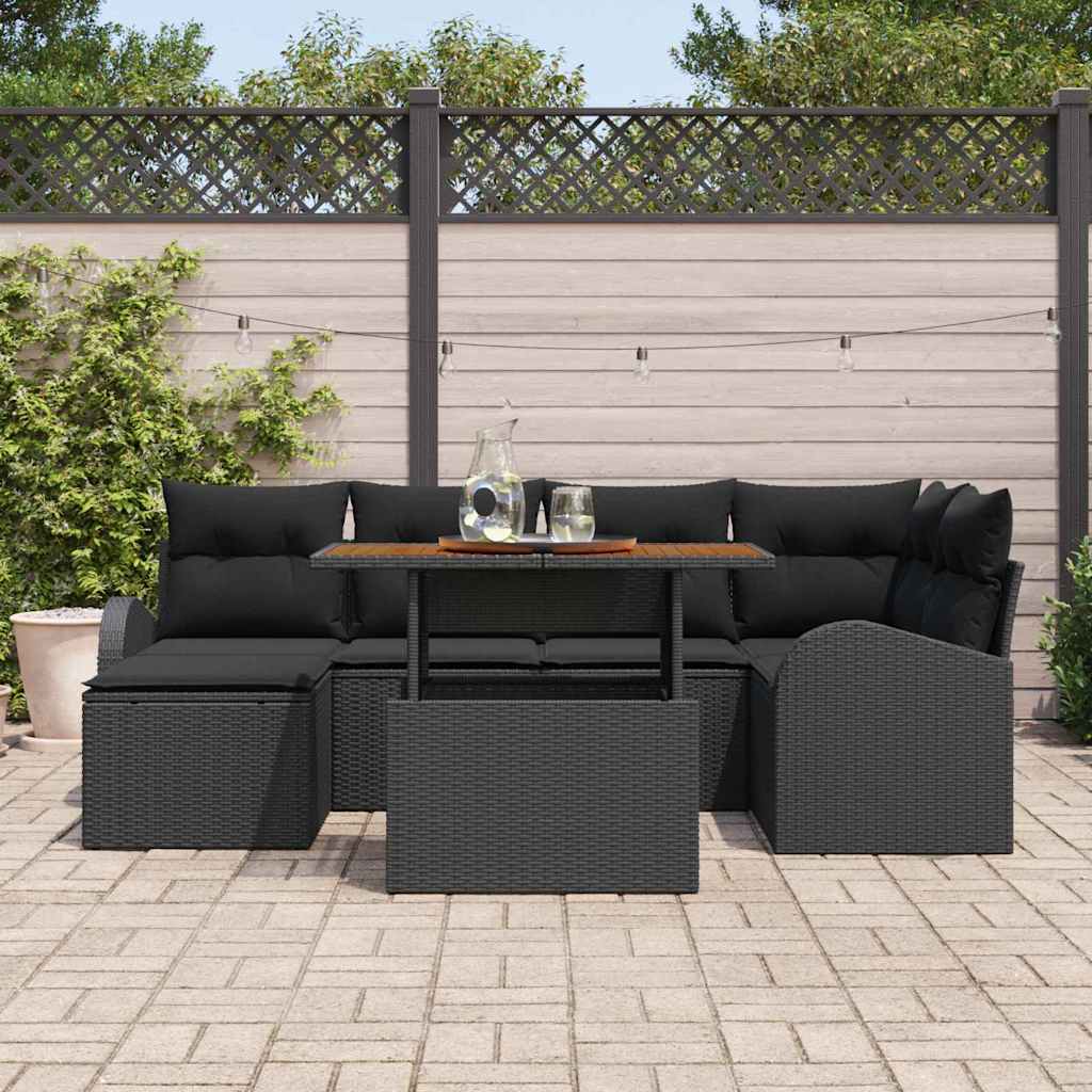Kerti Kanapé Szett tárolóval 7 pcs Fekete Poli rattan