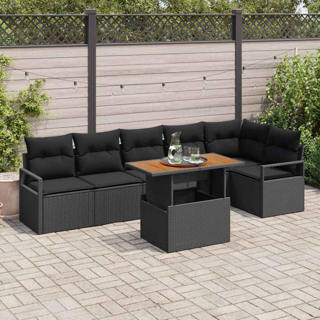 Kerti Kanapé Szett tárolóval 7 pcs Fekete Poli rattan