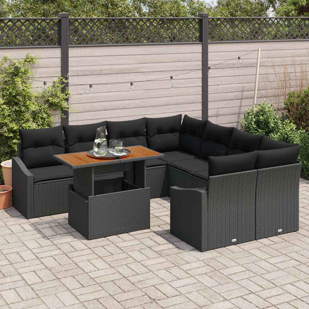 Kerti Kanapé Szett tárolóval 9 pcs Fekete Poli rattan