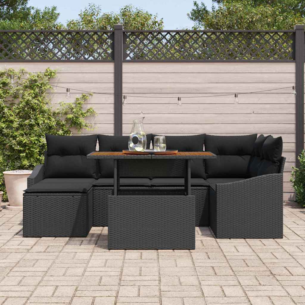 Kerti Kanapé Szett tárolóval 7 pcs Fekete Poli rattan