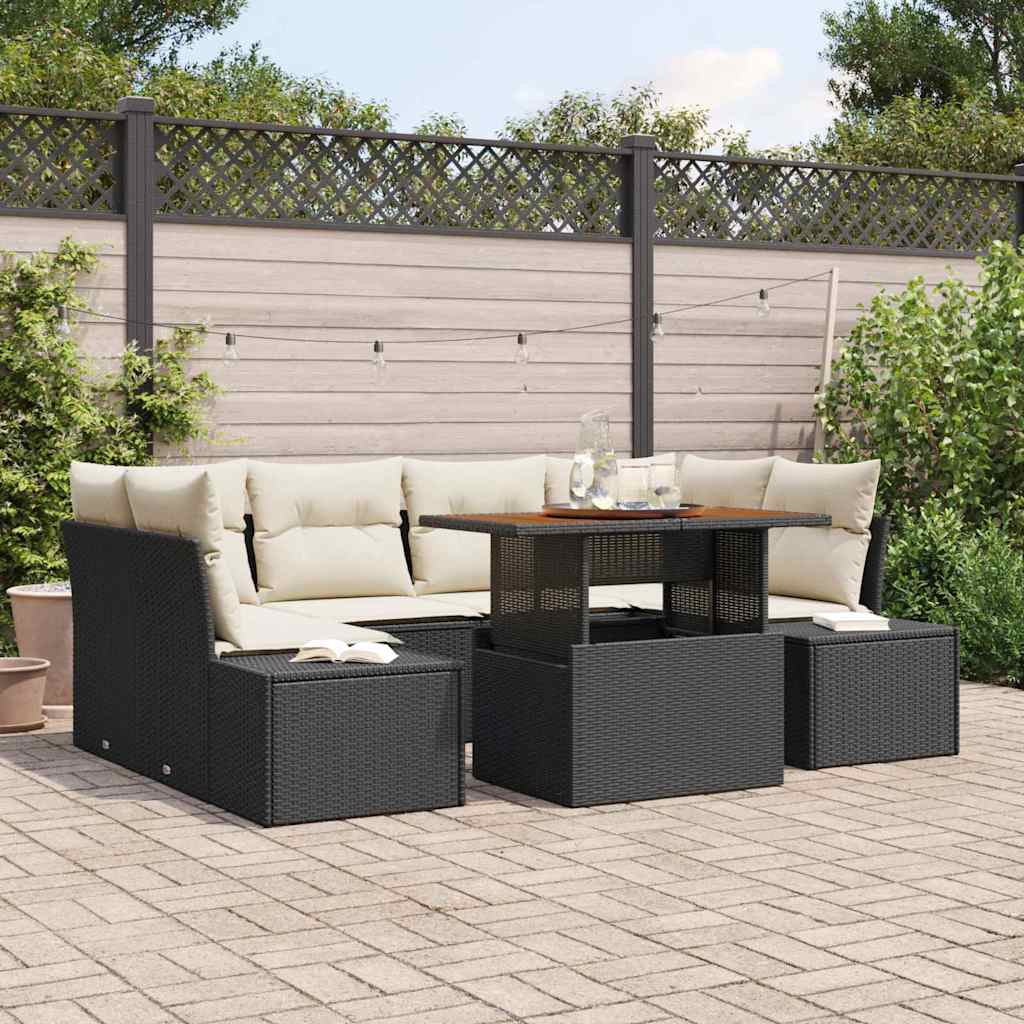 Kerti Kanapé Szett tárolóval 7 pcs Fekete Poli rattan
