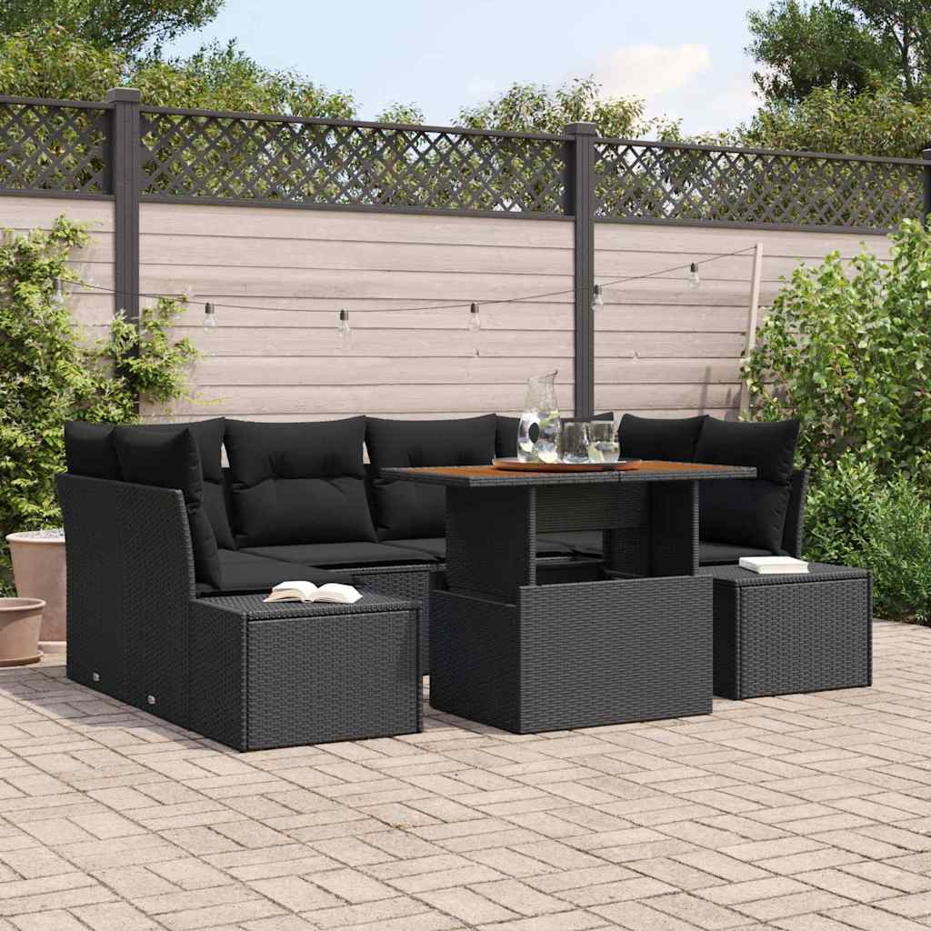 Kerti Kanapé Szett tárolóval 7 pcs Fekete Poli rattan
