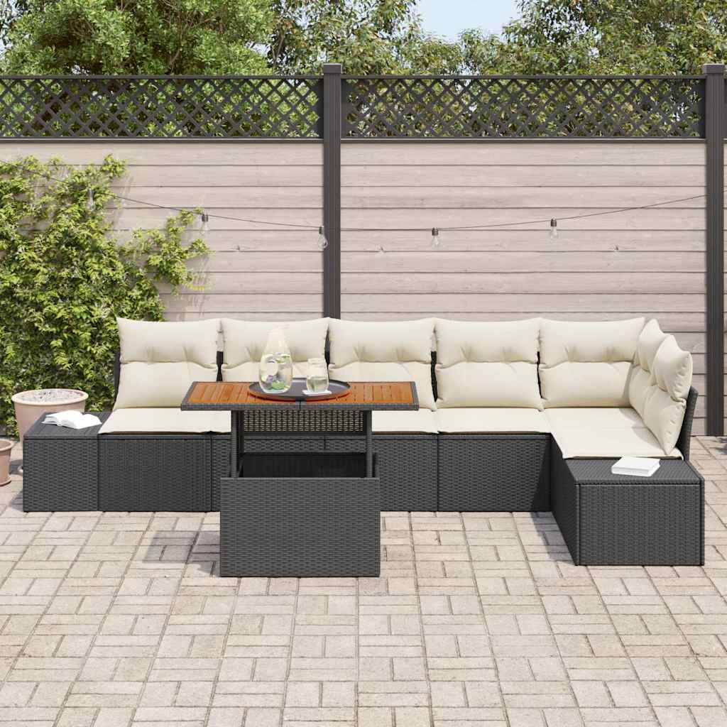 Kerti Kanapé Szett tárolóval 7 pcs Fekete Poli rattan