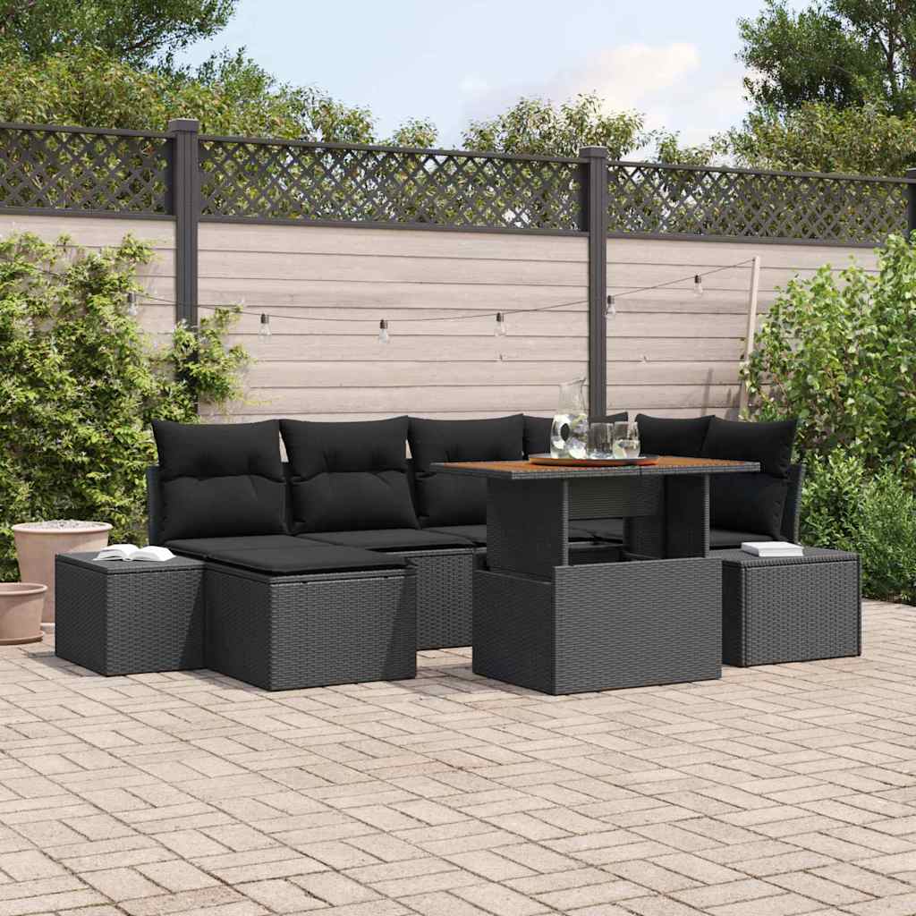Kerti Kanapé Szett tárolóval 7 pcs Fekete Poli rattan