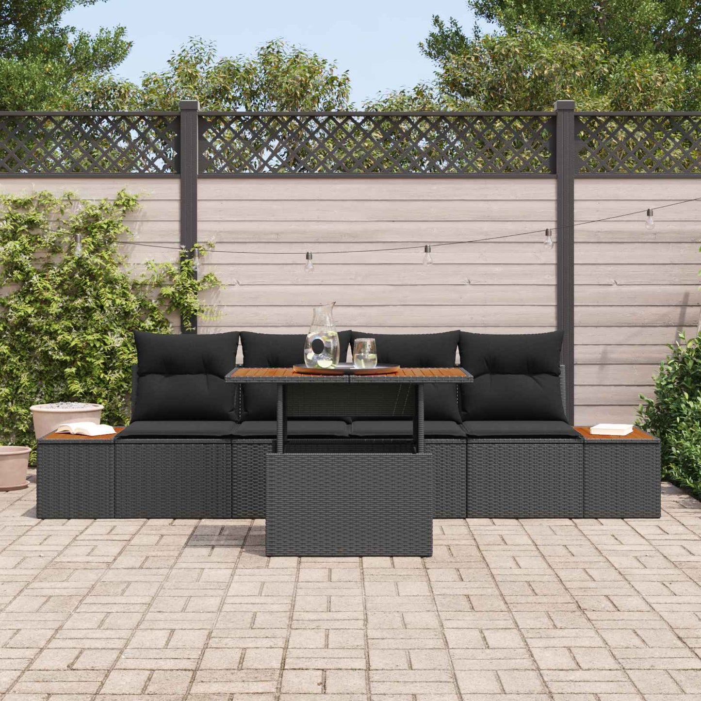 Kerti Kanapé Szett tárolóval 5 pcs Fekete Poli rattan