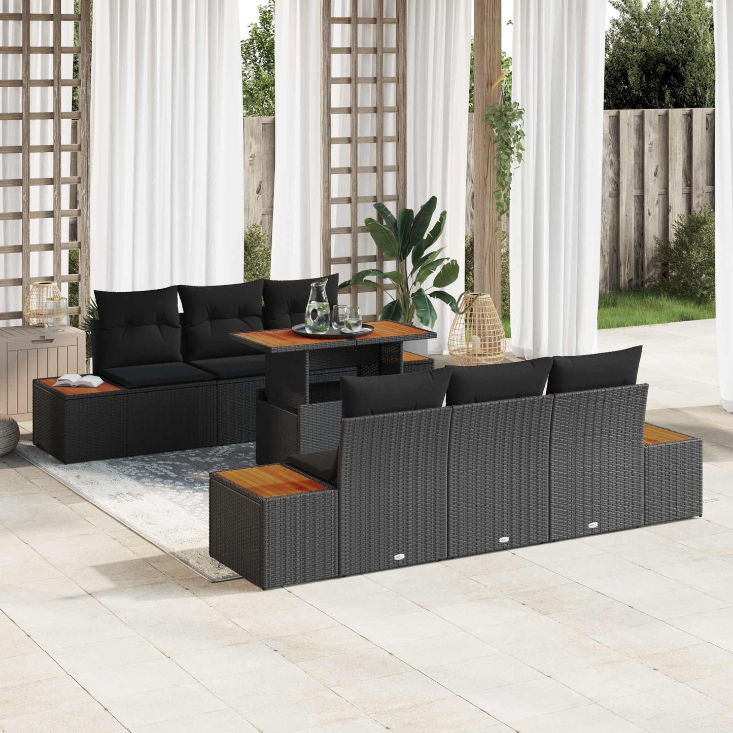 Kerti Kanapé Szett tárolóval 7 pcs Fekete Poli rattan