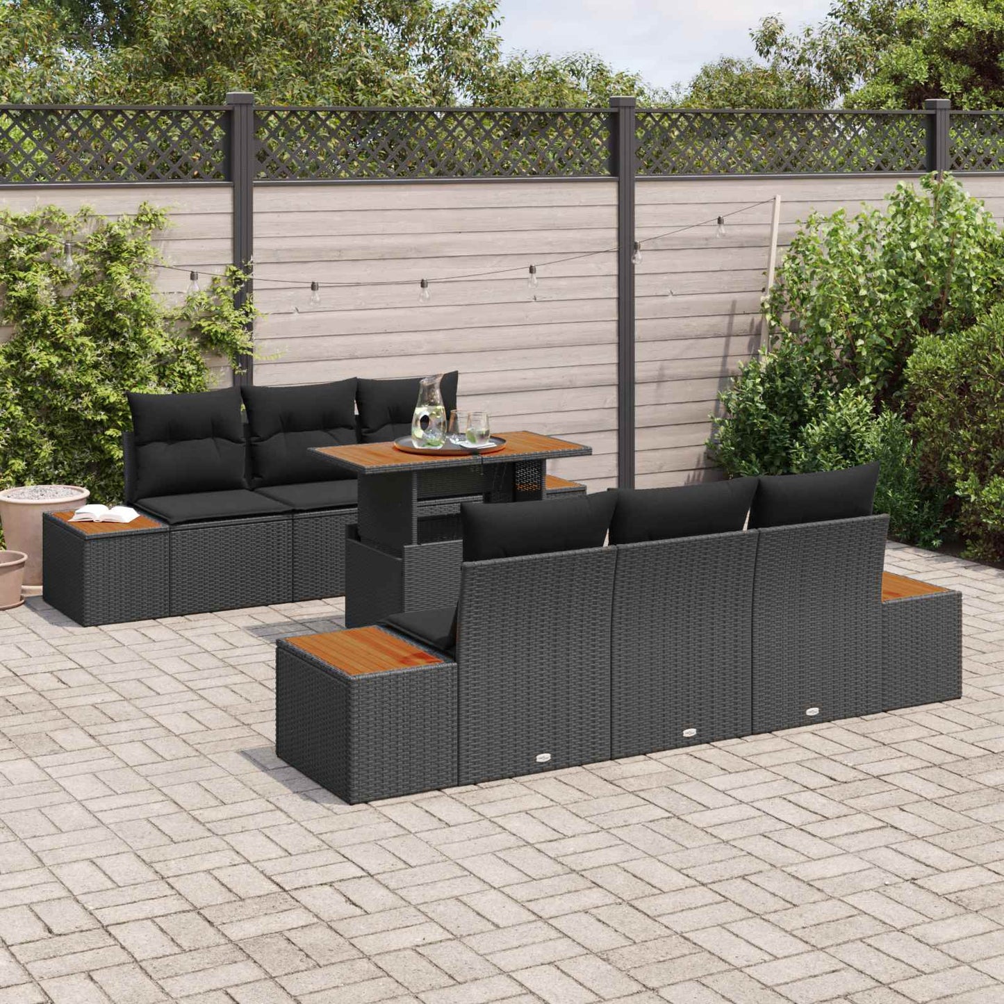 Kerti Kanapé Szett tárolóval 7 pcs Fekete Poli rattan