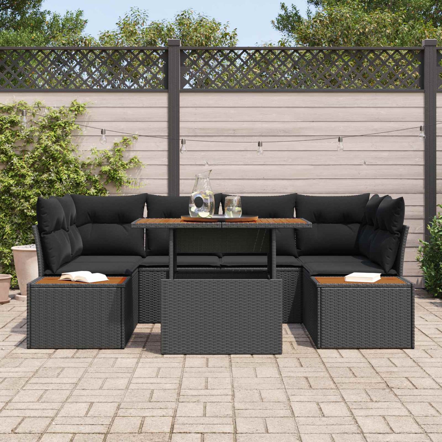 Kerti Kanapé Szett tárolóval 7 pcs Fekete Poli rattan