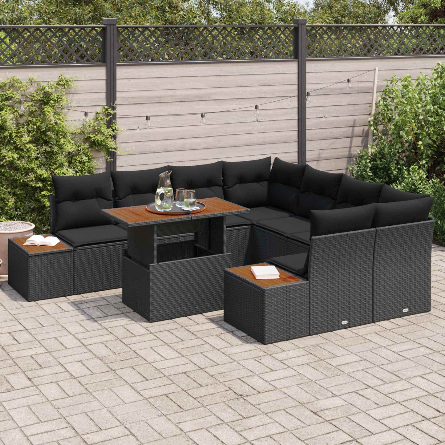 Kerti Kanapé Szett tárolóval 9 pcs Fekete Poli rattan
