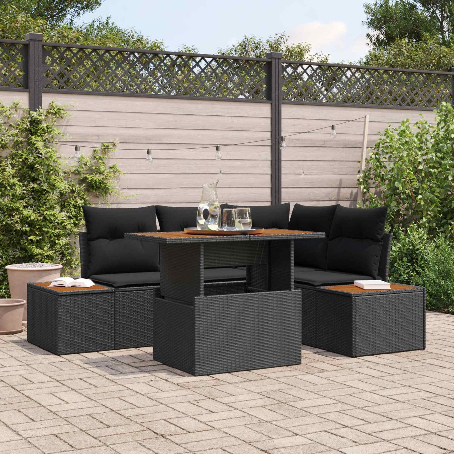 Kerti Kanapé Szett tárolóval 5 pcs Fekete Poli rattan