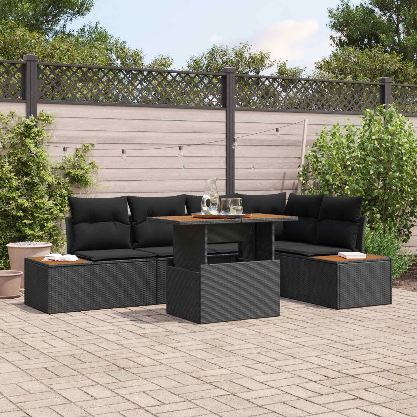 Kerti Kanapé Szett tárolóval 6 pcs Fekete Poli rattan